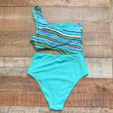 Aerie Greens/White Striped One Shoulder Side Cutout Padded Cheeky One Piece NWT- Size S