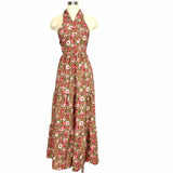 Shein Tan Floral Print Smocked Back Halter Maxi Dress- Size S