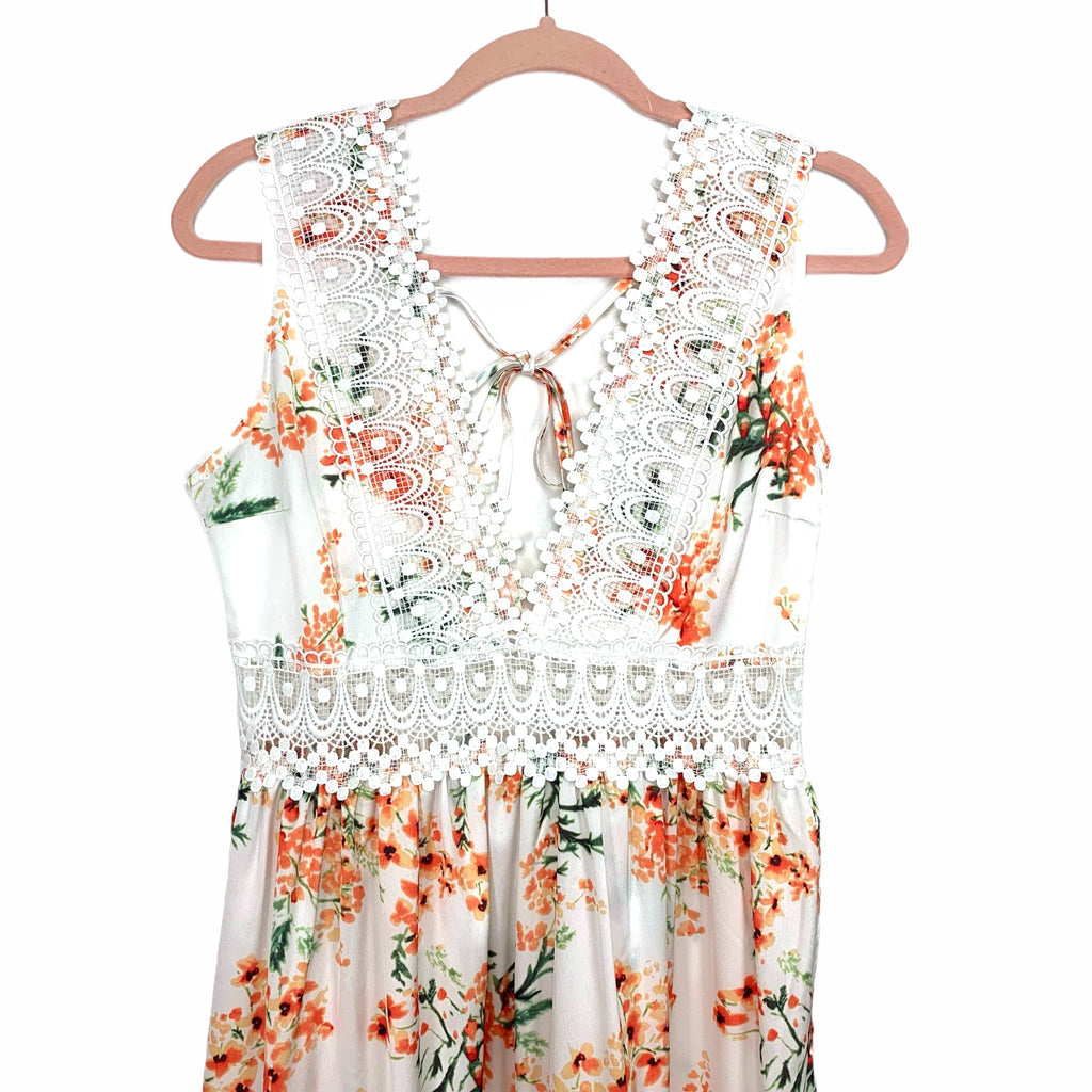 Shein White and Orange Floral Crochet Lace Trim Tie Back Maxi Dress- S The Saved Collection Shein White and Orange Floral Crochet Lace Trim Tie Back Maxi Dress- S The Saved Collection