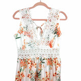 Shein White and Orange Floral Crochet Lace Trim Tie Back Maxi Dress- Size S