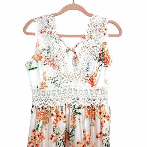 Shein White and Orange Floral Crochet Lace Trim Tie Back Maxi Dress- S – The Saved Collection Shein White and Orange Floral Crochet Lace Trim Tie Back Maxi Dress- S – The Saved Collection