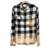 No Brand Bleached Black/White Plaid with Back Rhinestone Logo Button Up Flannel- Size M