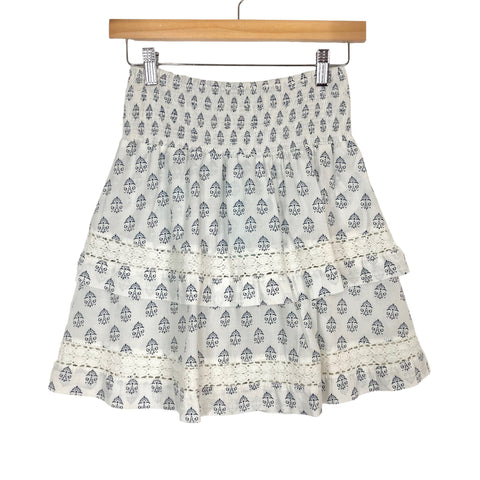 Melissa Odadash White with Blue Aztec Pattern Crochet Tiered Skirt NWT- Size XS