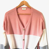 Bibi Pink/White/Grey Stripe Waffle Knit Tie Front Long Sleeve Top- Size S