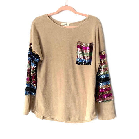 Entro Tan Fleece Top with Sequins Pocket and Sleeves- Size M