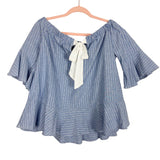 Cotton Bleu Blue/White Striped Linen Off the Shoulder with Back Tie Top- Size S (see notes)
