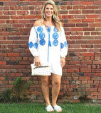 Line + Dot White Dress with Blue Crochet Detailing- Size L