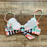 Aerie Navy/Teal/Coral Checkered Front Knot and Back Tie Padded Bikini Top NWT- Size S