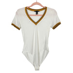 Forever 21 White Ribbed Knit with Mustard/Navy Stripe Trim Bodysuit- Size S