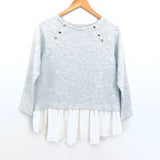 LOFT Grey Ribbed Sweater with Ruffle Hem and Gold Buttons - Size XS