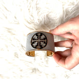 No Brand Tory Burch Style Grey Leather Logo Cuff Bracelet