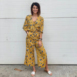 Uncle Frank Mustard Floral Elastic Waist Side Slit Hem Jumpsuit NWT- Size XS