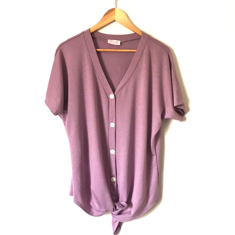 Pink Lily Purple Button Down V Neck Tie Front Short Sleeve Top- Size S