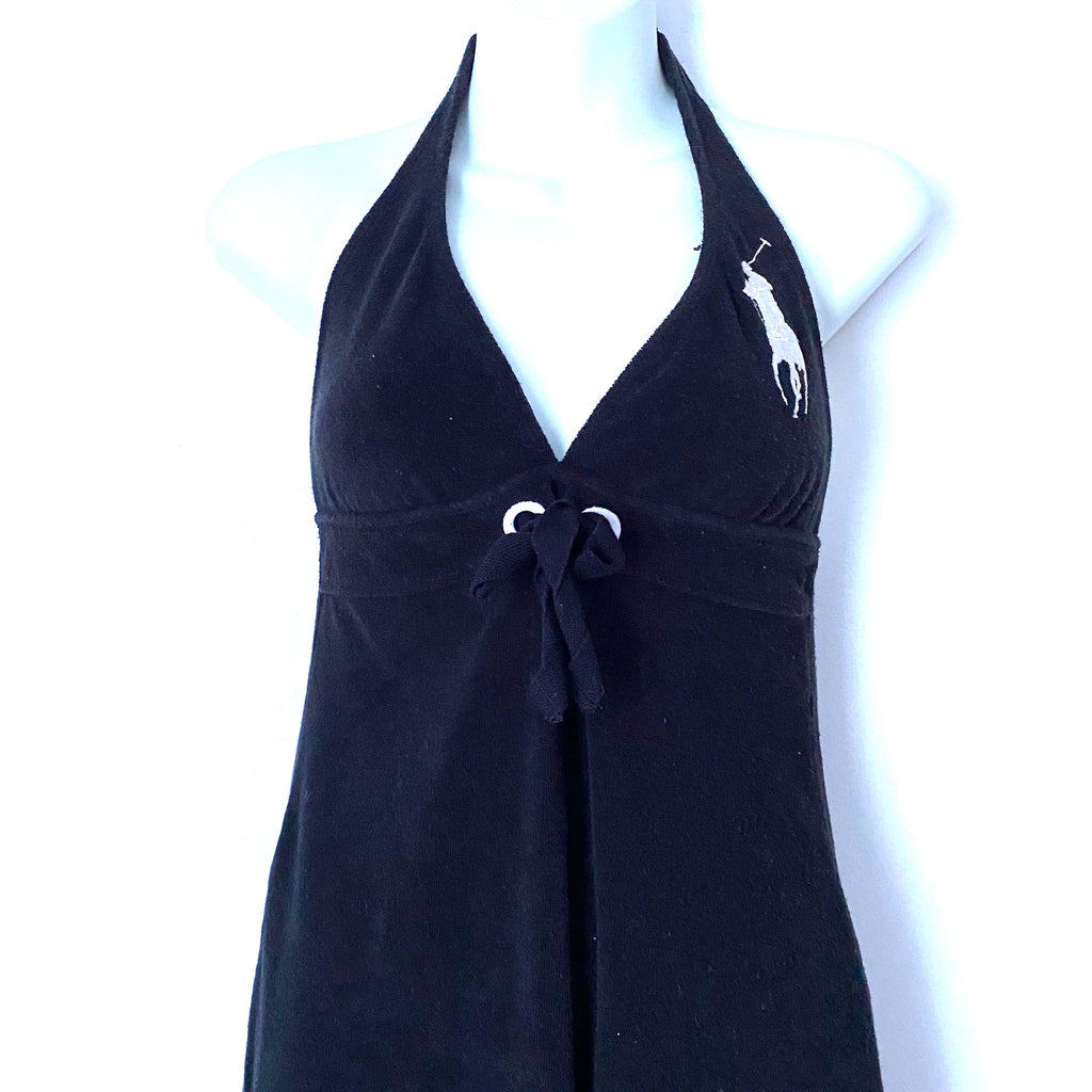 ralph lauren terry cloth halter dress Ralph Lauren Black terry halter tennis dress cover Y2K Beach club lounge summer