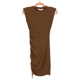 Lush Mocha Ribbed Knit Drawstring Cinched Side with Padded Shoulders Mini Dress NWT- Size S