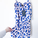 Gibson Pink/Blue Animal Print Ruffle Elastic Waist Belted Romper NWT- Size XXS Petite