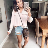 Loft Light Pink Smocked/Ruffle Chest Top- Size XS