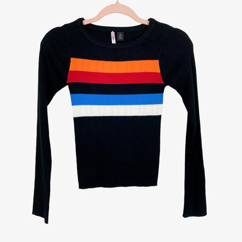 Love by Design Black with Orange/Red/Blue/White Stripes Ribbed Knit Top- Size M