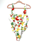 No Brand White Fruit Ruffle Side Low Back One Piece Swimsuit- Size ~L (See Notes)