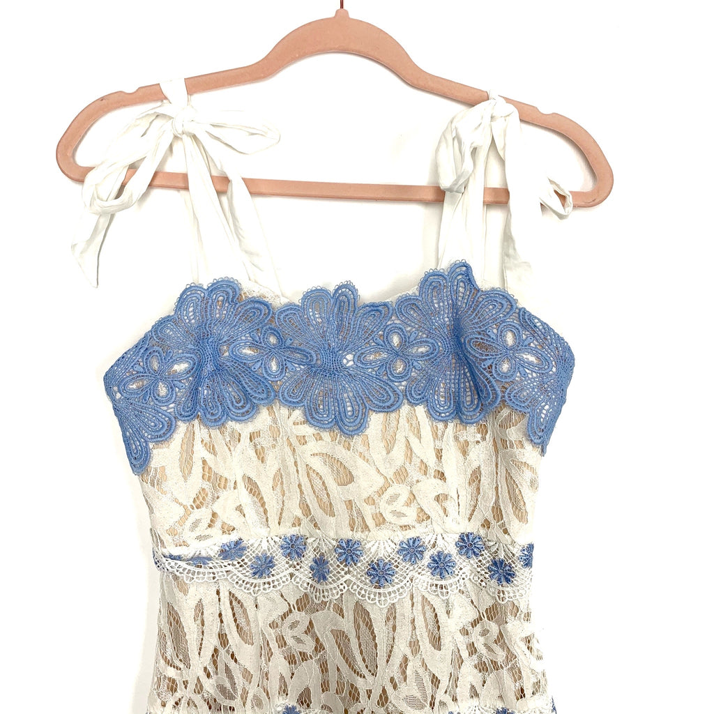 Foxiedox White/Blue Halina Lace Bow Tied Strap Midi Dress NWT- Size S The Saved Collection Foxiedox White/Blue Halina Lace Bow Tied Strap Midi Dress NWT- Size S The Saved Collection