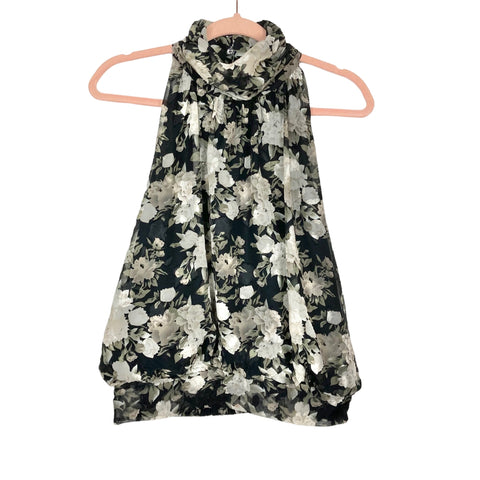 Ontwelth Black/White Floral High Neck with Back Buttons Sleeveless Blouson Top- Size M