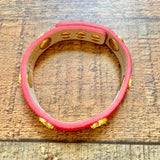 Rustic Cuff Fuchsia Fur Genuine Leather Adjustable Strap Bracelet with Gold Cross Medallions