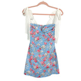 RedBerry Light Blue/Pink Floral Pattern with Shoulder Ribbon Ties Mini Dress NWT- Size M