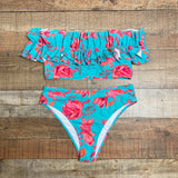 Hazel & Olive Teal with Red/Pink Floral Pattern Ruffle Off the Shoulder Padded Bikini Top- Size M (we have matching bottoms)