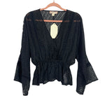 Band of Gypsies Black Sheer Elastic Waist Front Button Surplice Bell Sleeve Top NWT- Size XS