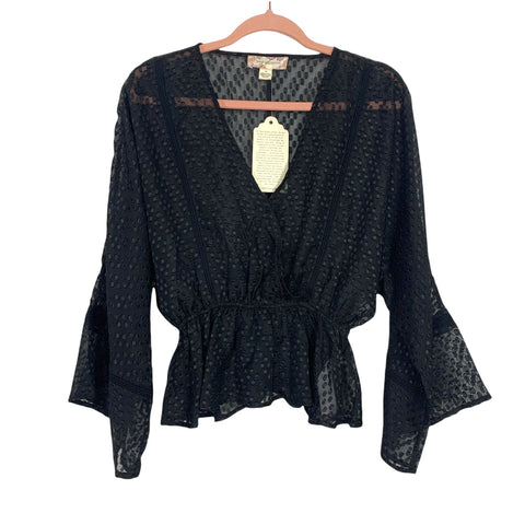Band of Gypsies Black Sheer Elastic Waist Front Button Surplice Bell Sleeve Top NWT- Size XS