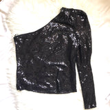 WAYF Black One Shoulder Long Sleeve Sequin Top - Size S