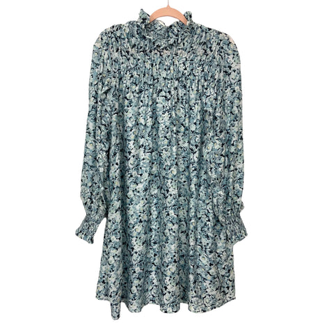 H&M Blue Floral Ruffle Neck and Sleeve Smocked Cuff Dress NWT- Size S (Sold Out Online!)