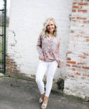 Allison Joy Pink Floral Patterned Blouse with Ruffle Cuff- Size XS