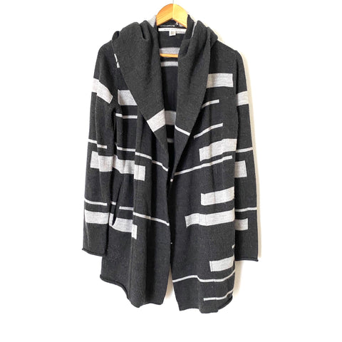 Max Studio Grey Striped Open Front Knit Hooded Cardigan- Size M