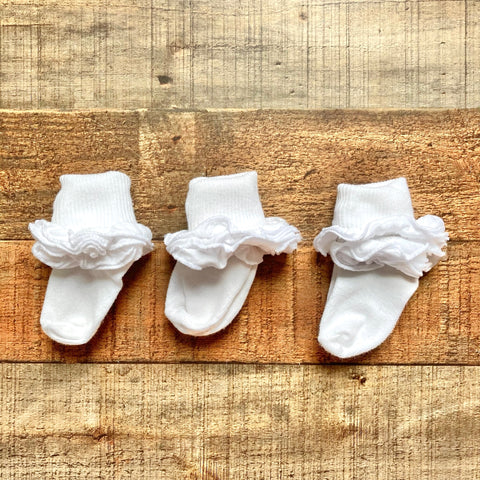 No Brand Three Sets of White Ruffle Socks- Size ~0-3M (see notes)