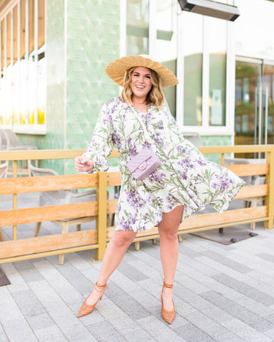 H&M Purple/Green Floral A-Line V-Neck Long Sleeve Dress- Size L – The Saved Collection