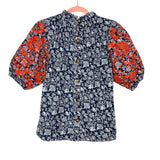 THML Printed Embroidered Puff Sleeve Mock Neck Button Up Back Top NWT- Size XS (sold out online)