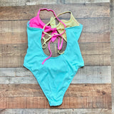 Xhilaration Mint/Pink/Yellow Color Block Ribbed Tie Front with Cut Out One Piece- Size XL (sold out online)