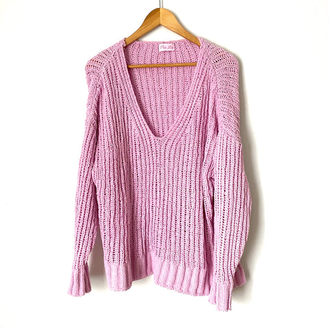 Pink Lily Chenille V-Neck Open Knit Sweater with Side Slits- Size S