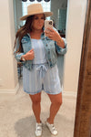 Amaryllis Blue with White Print Stripes and Belted Romper- Size XL