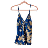Escalier Navy/Gold Pattern Satin Pants/Cami/Robe Pajama Set- Size M (sold as set, see notes)