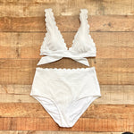 Aerie White Waffle Scalloped Back Tie Padded Bikini Top- Size L (we have matching bottoms)