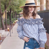 No Brand Blue and White Striped Off the Shoulder Blouse with Black and White Ruffles- Size S