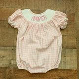 Poppy Kids Co. Pink and White Gingham Harper Smocked Bubble Romper- Size 3M