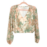 Entro Peach/Green Floral V-Neck Elastic Hem Cropped Top- Size S