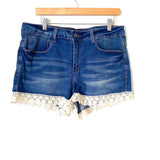 Lucky & Blessed Crochet Hem Mid Rise Denim Shorts- Size 16