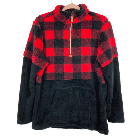 Pink Lily Red/Black Buffalo Plaid and Black Color Block Front Pocket Quarter Zip Fleece Pullover- Size M