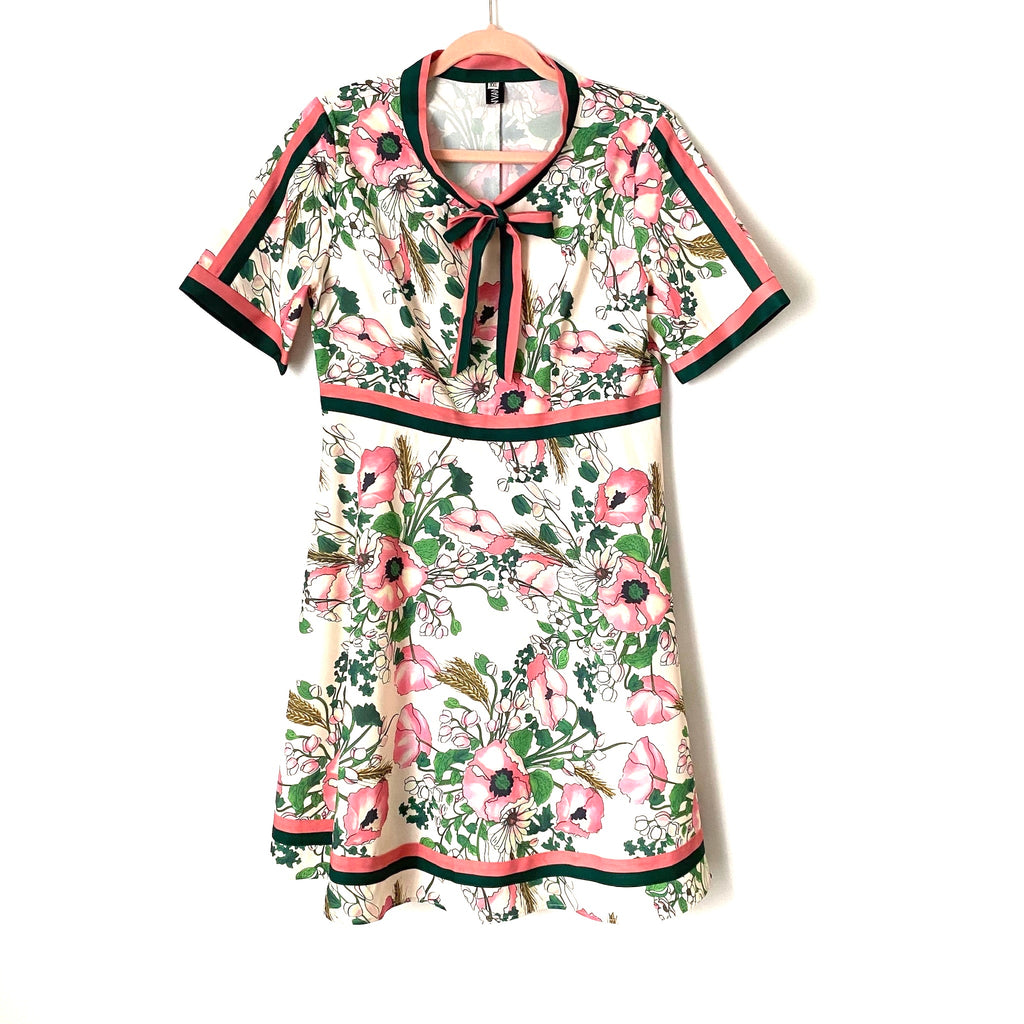 StyleWe FEIINVAN Pink and Green Floral Tie Neck Dress- Size XXL