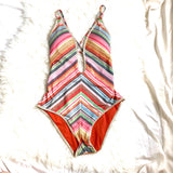 Becca Plunge Striped Lace Up Back One Piece- Size M