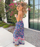 Magnolia Boutique Navy Floral Front and Back Cutout Wide Leg Strapless Jumpsuit- Size S (see notes)